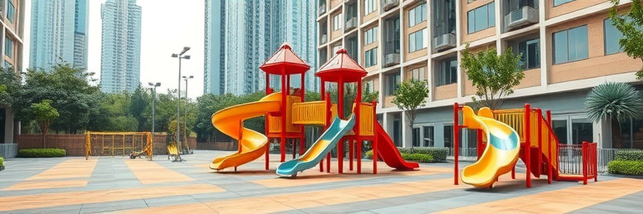 Modern playground with slides and climbing structures, vibrant urban setting.