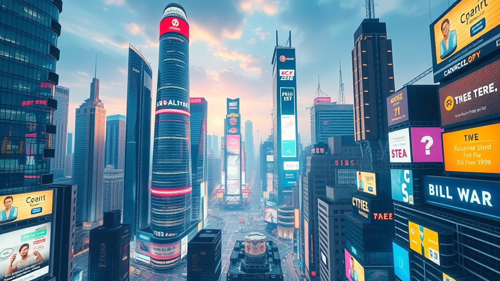 Futuristic city thriving with online bill pay technology.