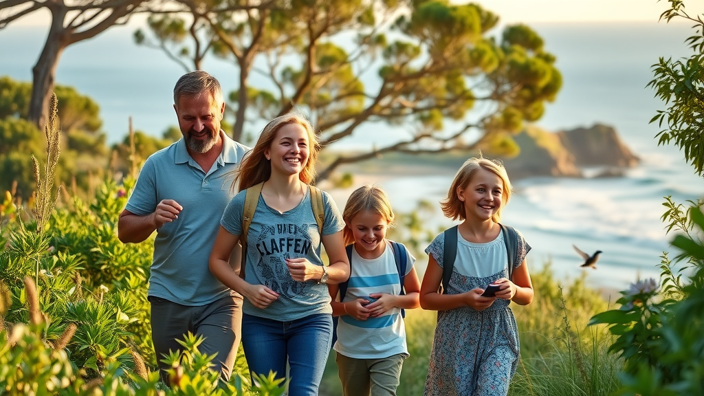 Family exploring a lush coastal park nature trail.