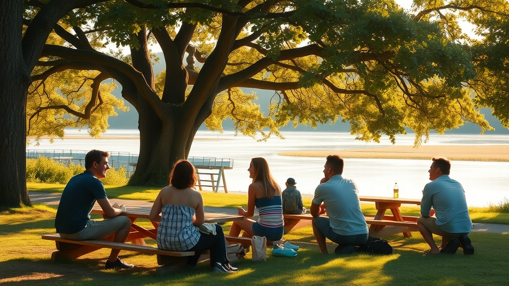 Picnickers relaxing by grand trees at Tomoka River