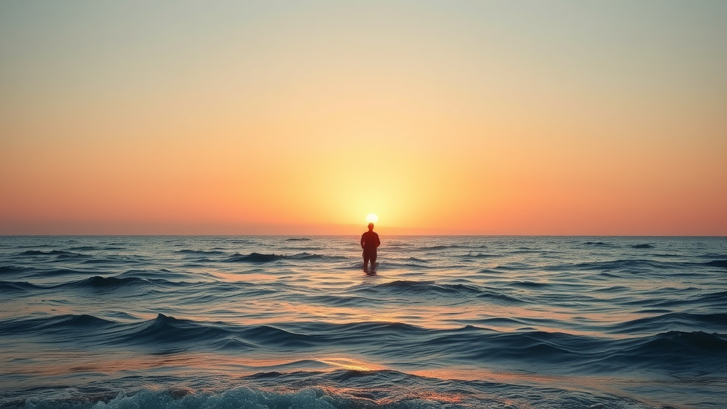 Peaceful coastal sunrise over the Atlantic with serene waves and horizon.