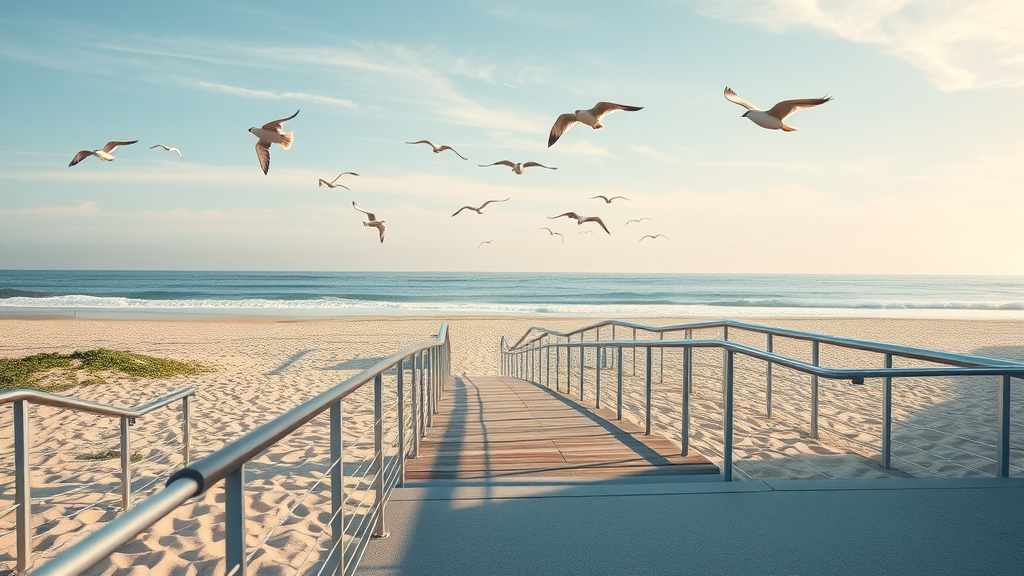 ADA-compliant beach access with ramps leading to ocean shore.