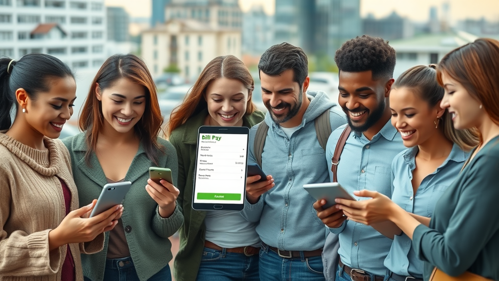 Diverse group using online bill pay in a modern city setting.