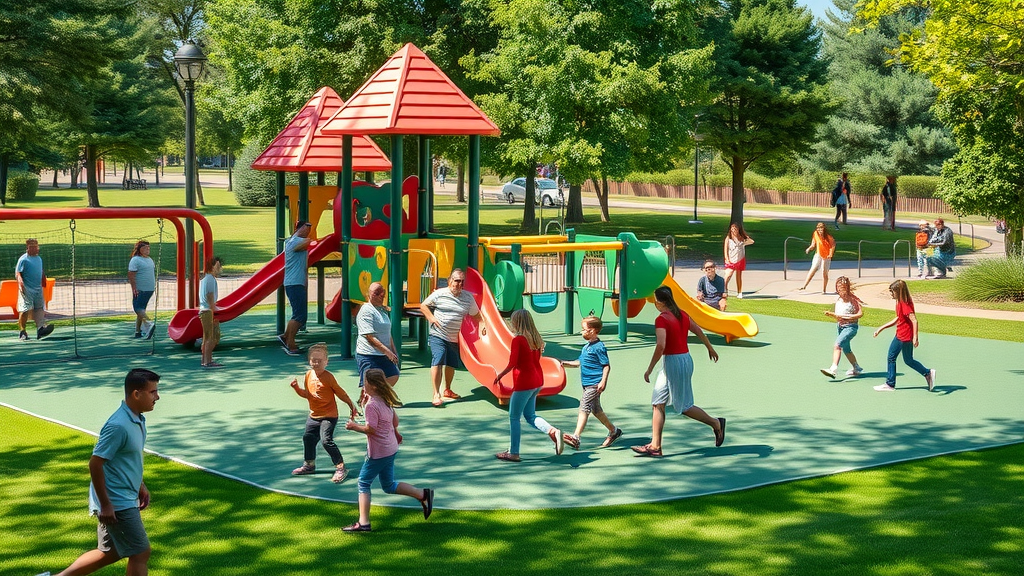 Interactive playground in McElroy Park with diverse features.