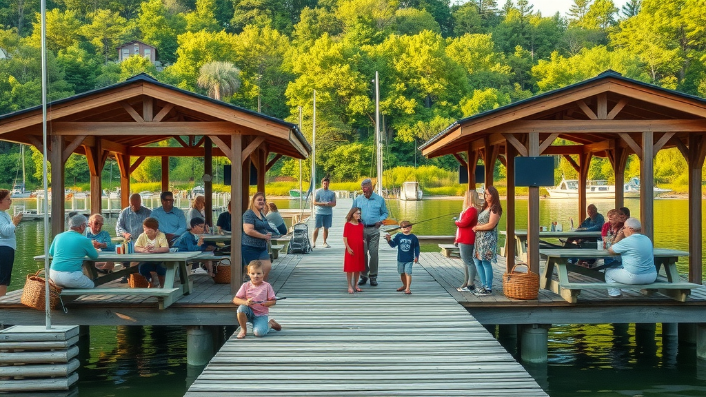 Families enjoying fishing docks at City Island Park
