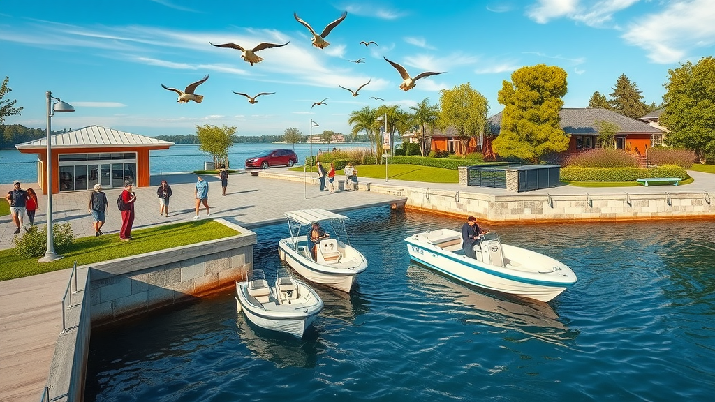 Modern public boat launch with visitors in vibrant setting