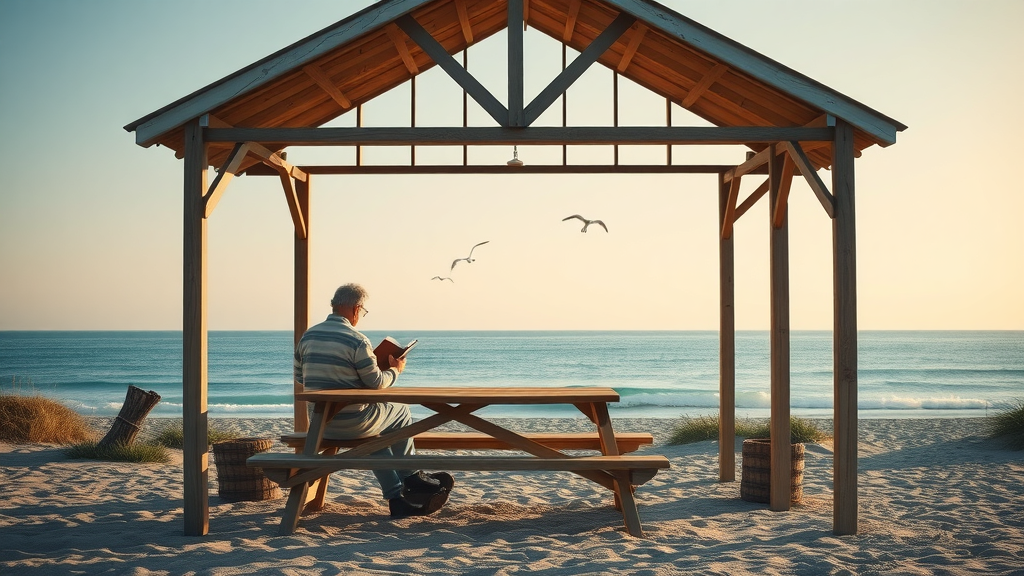 Visitor enjoys solitude at the Picnic Pavilions Facility by the beach.