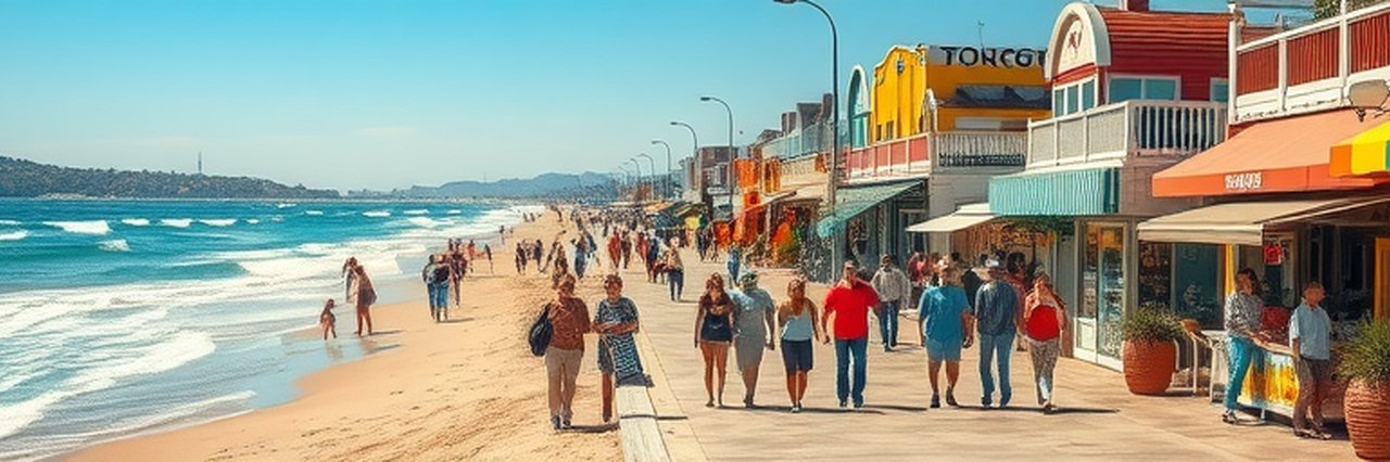 Mardi Gras Fun at a lively beachside promenade with colorful parasols.