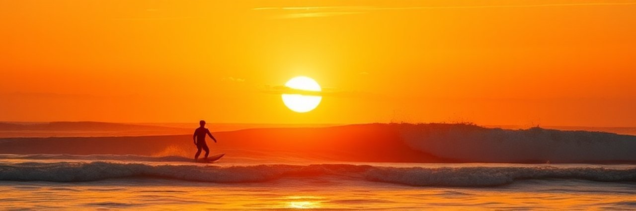Majestic sunset over ocean with silhouette of surfer, vibrant hues.