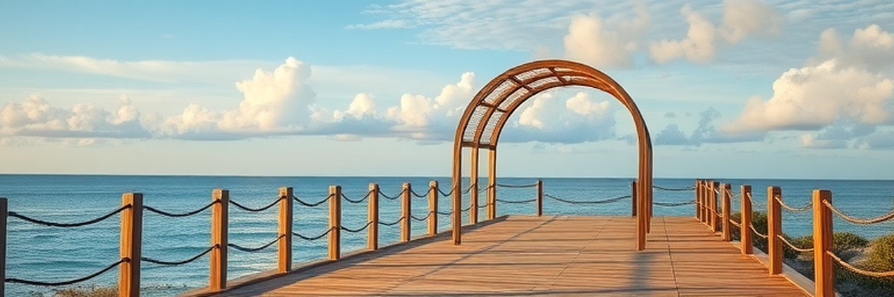 Calm seaside boardwalk view with wooden arch in Volusia County parking.