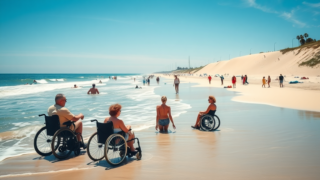 People with mobility aids enjoying ADA accessible beach day under the sun.