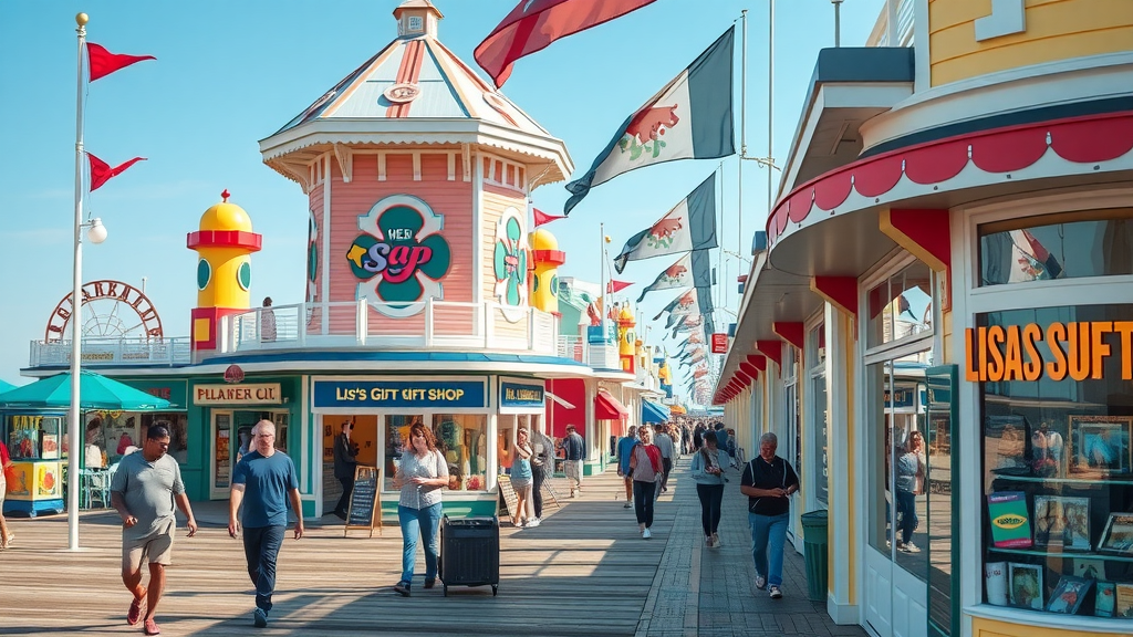 Visitors exploring shops and attractions in festive Mardi Gras atmosphere.