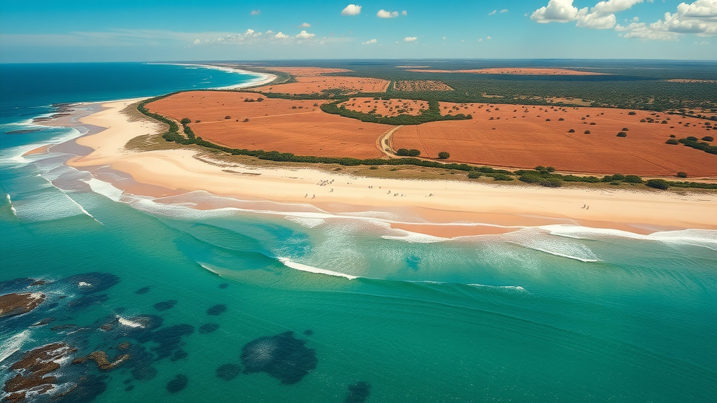 Aerial view of a coastal park with beaches and lush meadows.