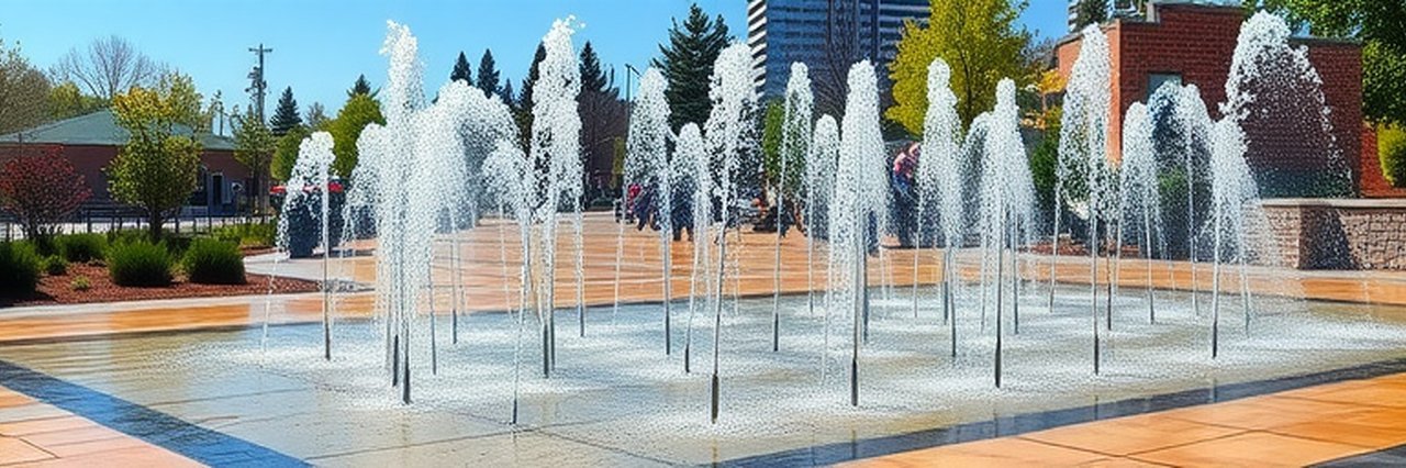 State-of-the-art splash pad in a landscaped park setting.