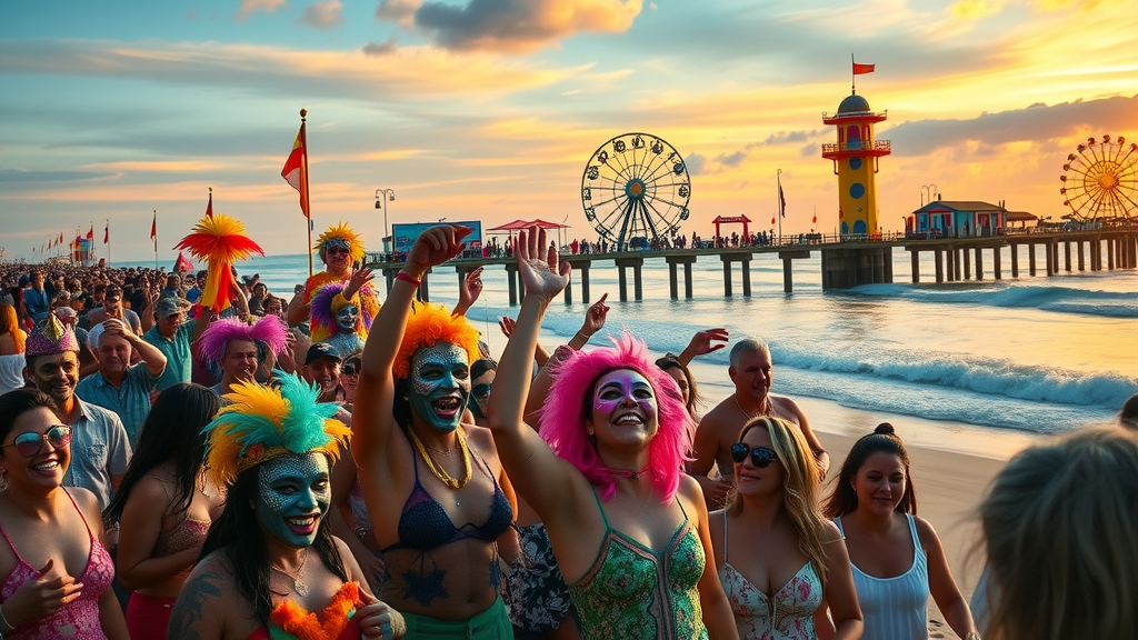 Ecstatic crowd at Daytona Beach Boardwalk enjoying Mardi Gras Fun.