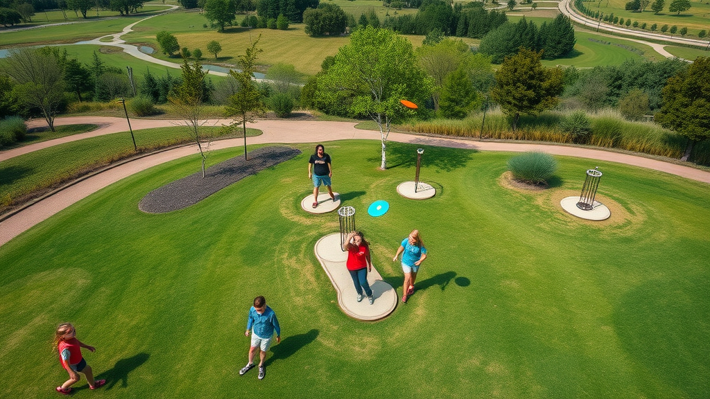 Aerial view of Reed Canal Park Disc Golf Course with players