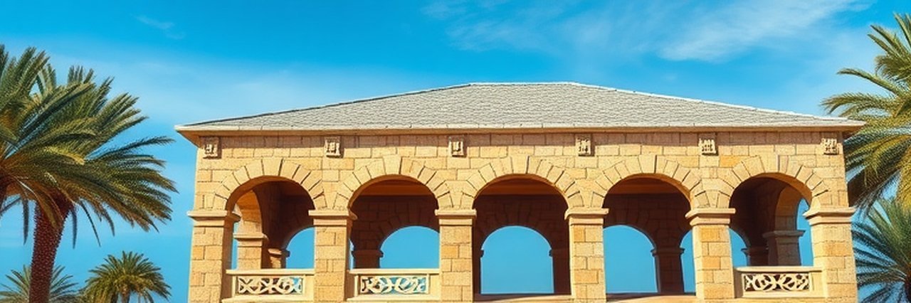 Ormond Beach access building with stone pavilion and palm trees.