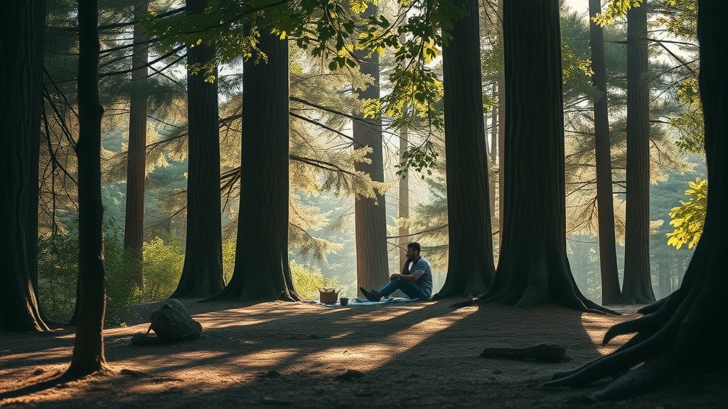 Solo adventurer in a tranquil picnic area amongst trees.