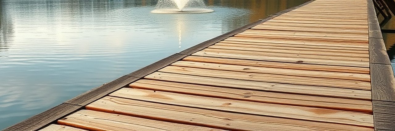 Serene lake with wooden boardwalk and fountain reflecting on water.