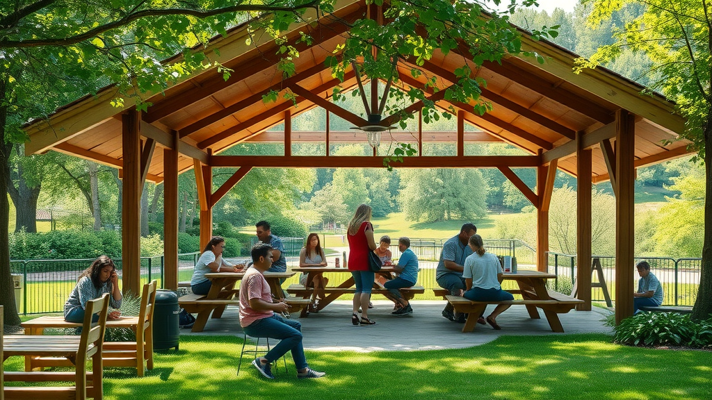 Lush park picnic scene capturing family enjoyment with pavilion rentals