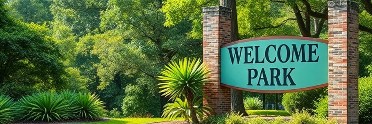 Volusia dog park entrance sign with greenery.