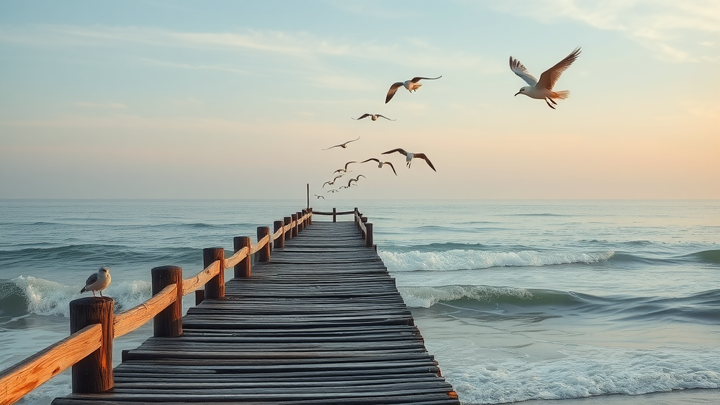 Volusia County secluded beach with old pier and seabirds.