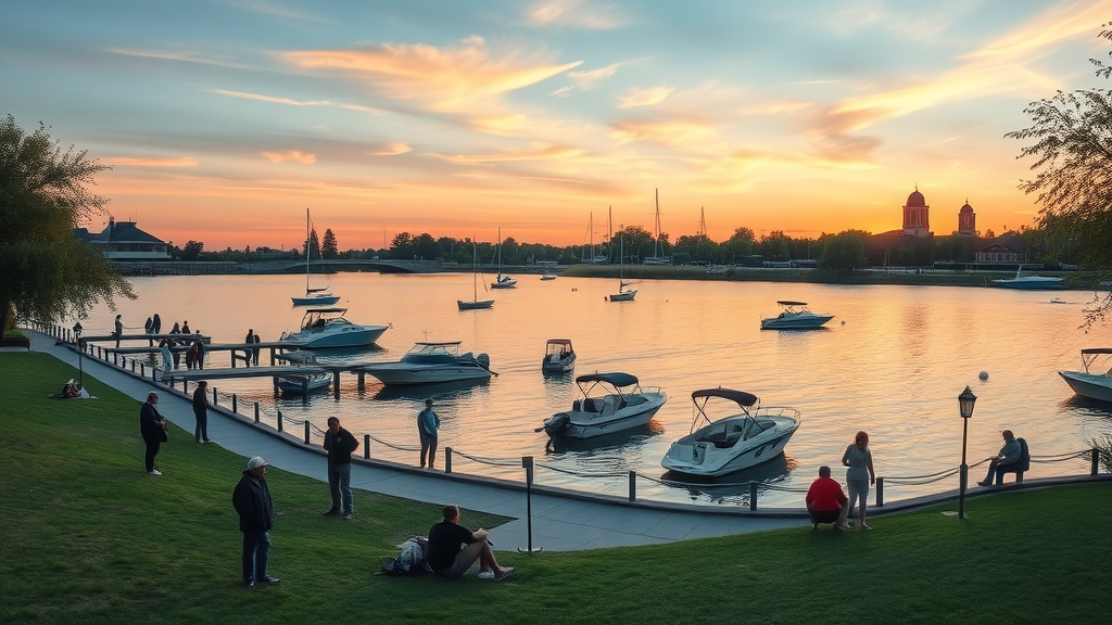 Community park at sunset with relaxed visitors and boats