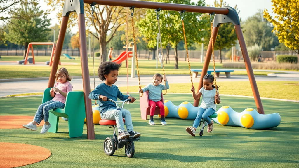 Inclusive playground equipment accommodating diverse abilities.
