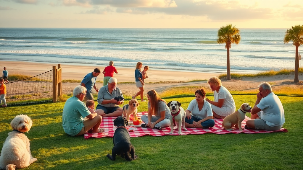 Families and dogs enjoying leisure time at Volusia Dog Park.