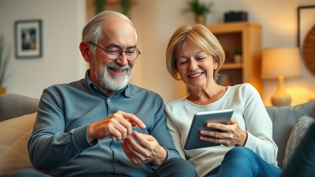 Senior couple enjoying online bill pay in a cozy home environment.