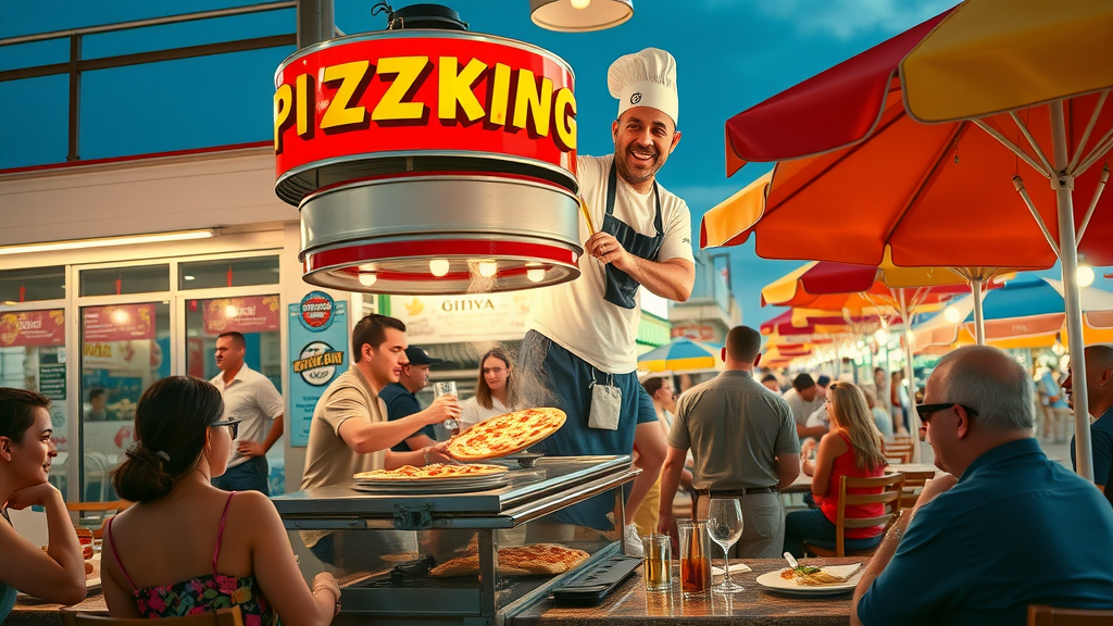 Guests savor pizza and drinks under vibrant umbrellas at Daytona Beach.