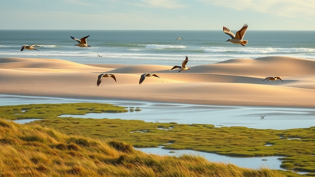 Birds in flight over coastal park wetlands and dunes.