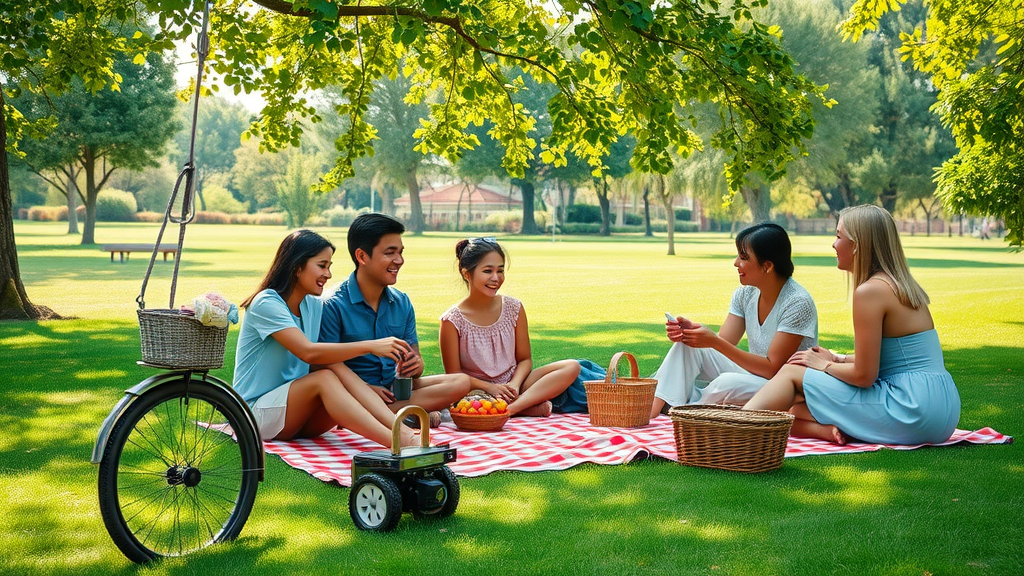 Families enjoying scenic picnic area with lush greenery.