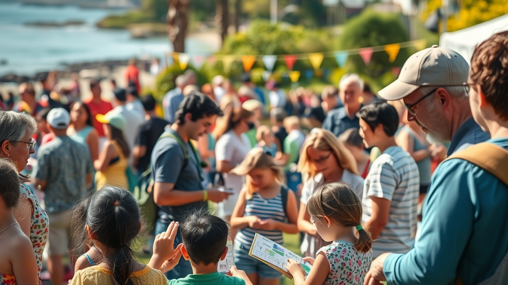 Community engaged in events at a vibrant coastal park.