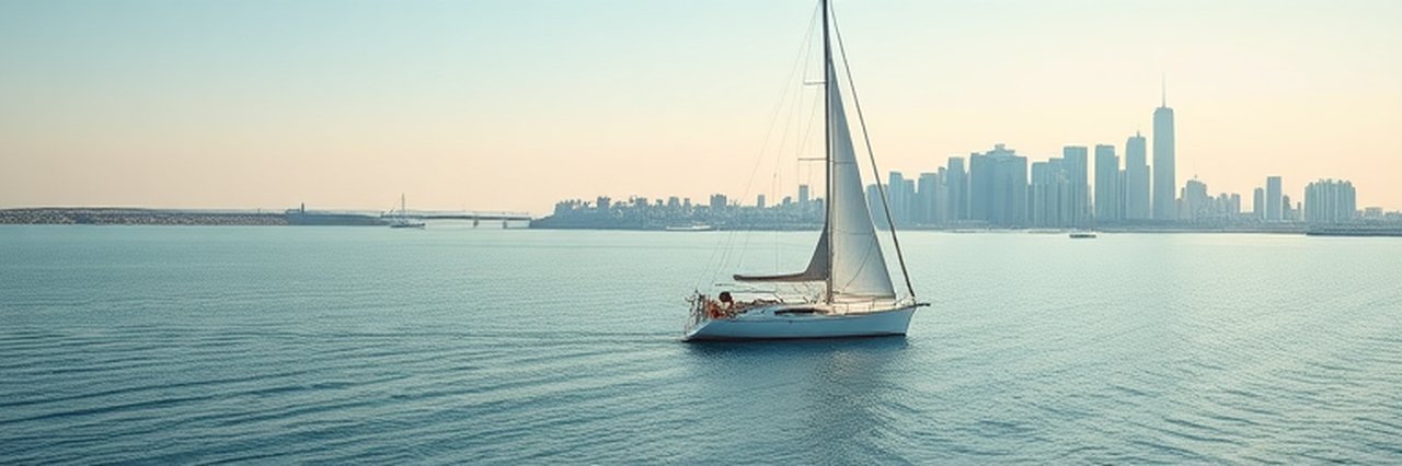 Expansive waterscape with a sailboat near city skyline.