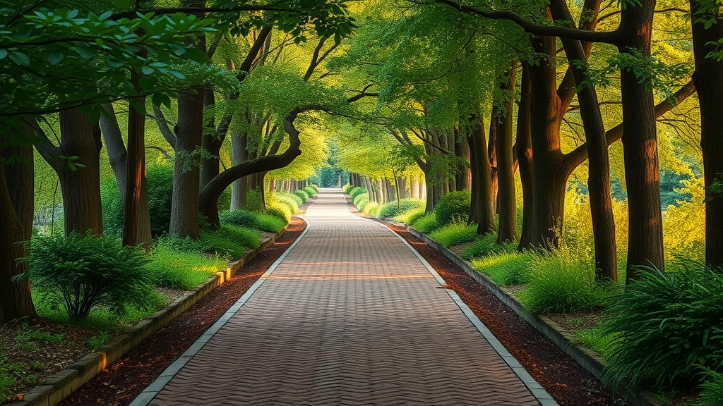 Historical brick-paved trail at Tiger Bay Trails under lush canopy