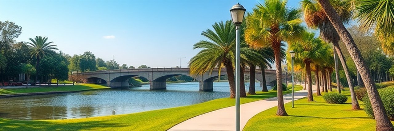 Serene fishing docks setting with palm trees along a sunny riverside.