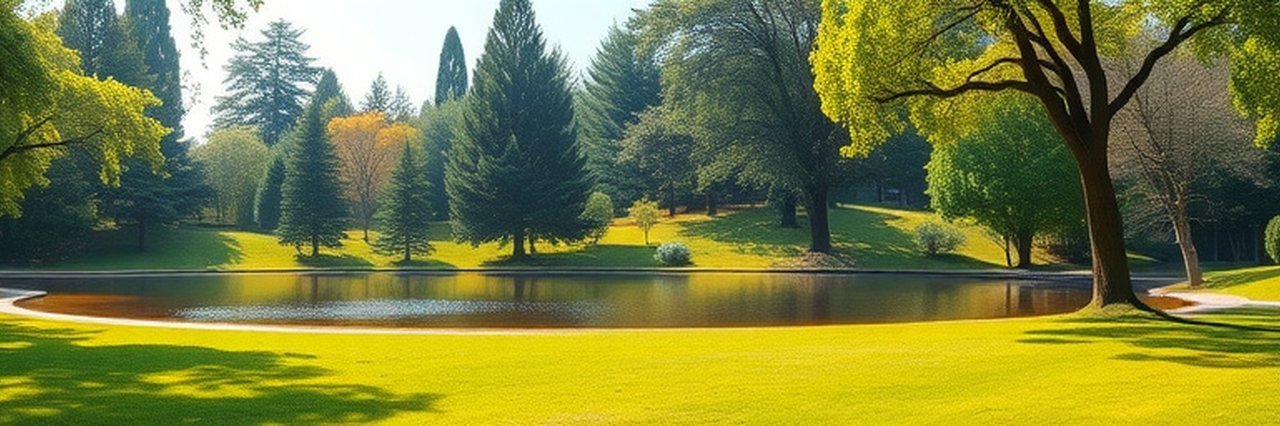 Tranquil picnic area with lush greenery and serene pond.