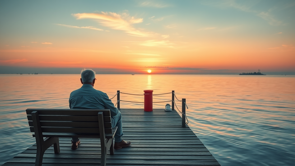 Elderly couple enjoying sunset on fishing docks