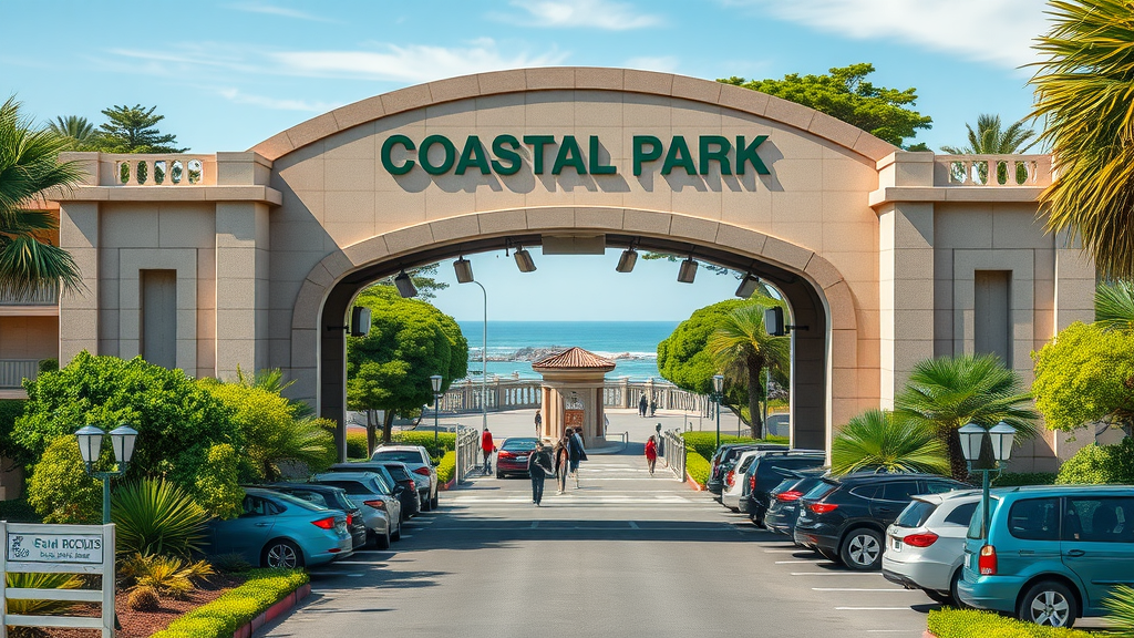 Coastal park entrance showing efficient access and vibrant greenery.