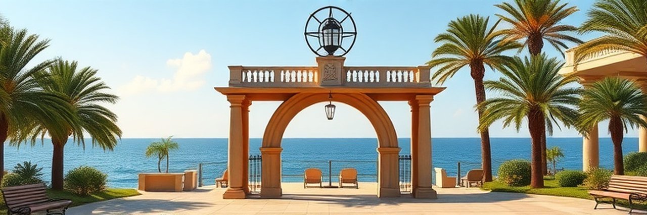 Coastal park entrance with arched pergola and ocean view.