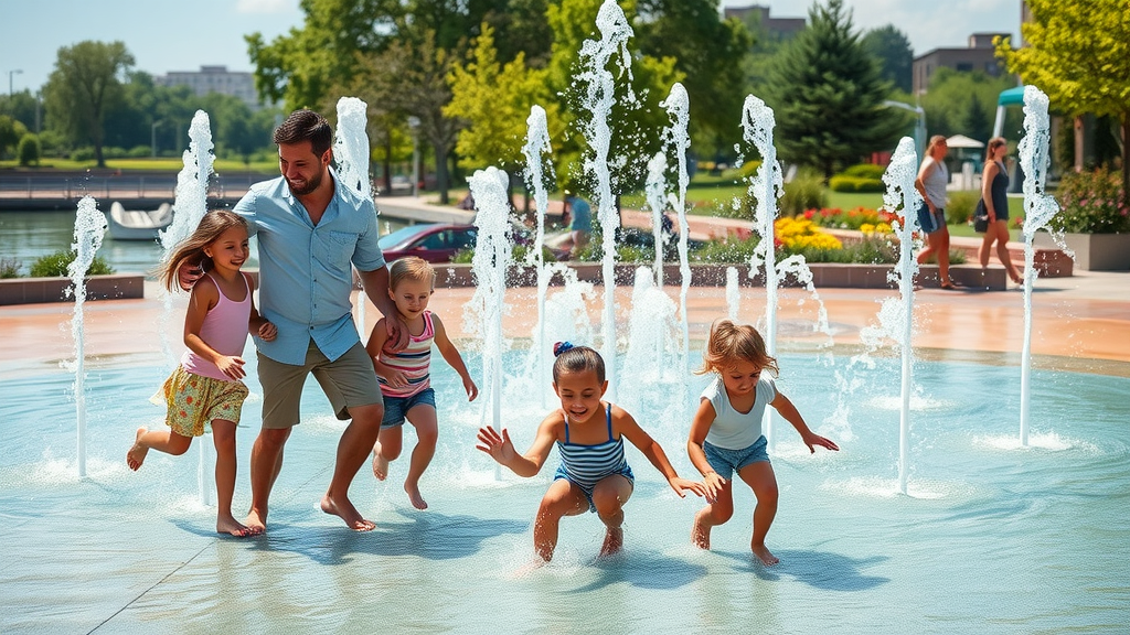 Families enjoy state-of-the-art splash pad with joyful expressions.