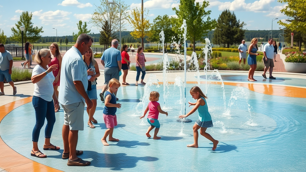 Families interact with state-of-the-art splash pad amidst scenic beauty.
