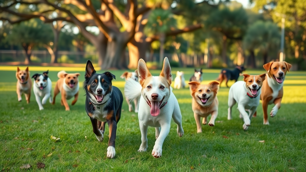 Joyful dogs playing in the vibrant Volusia Dog Park.