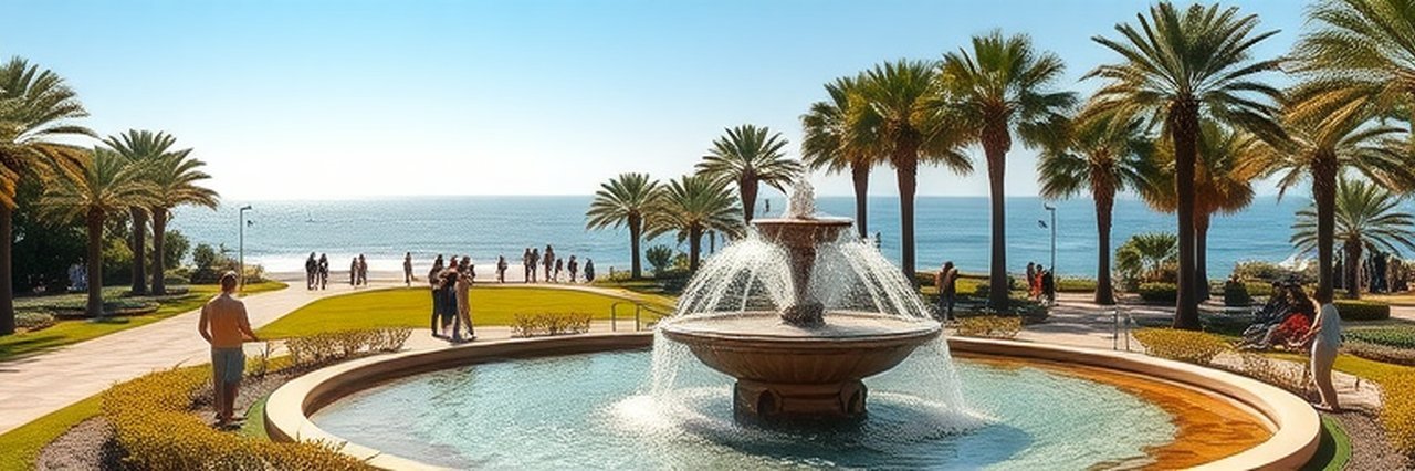 Daytona Beach attractions: coastal park with fountains and palm trees.