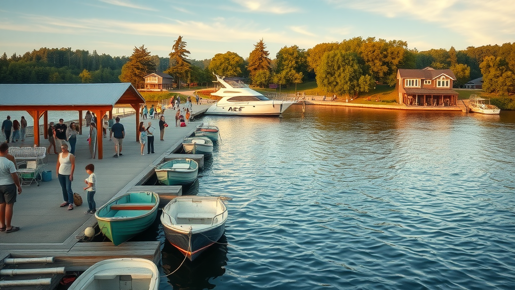 Scenic public boat launch at Riverfront Veterans Memorial Park during golden hour